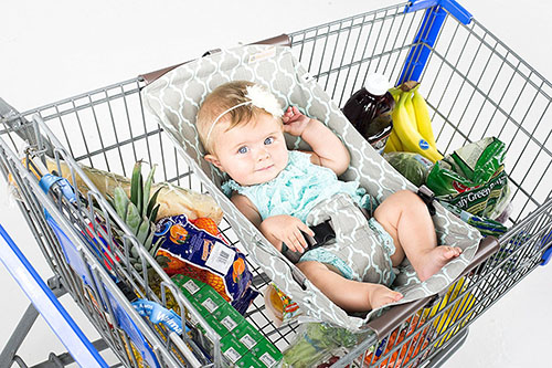 5. Binxy baby shopping cart hammock, gray, and aqua quatrefoil