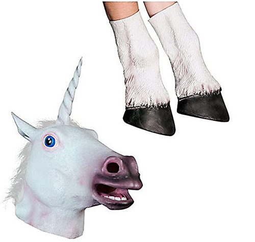 7. Miyaya Novelty Unicorn Head Latex Mask + Unicorn Hooves Gloves